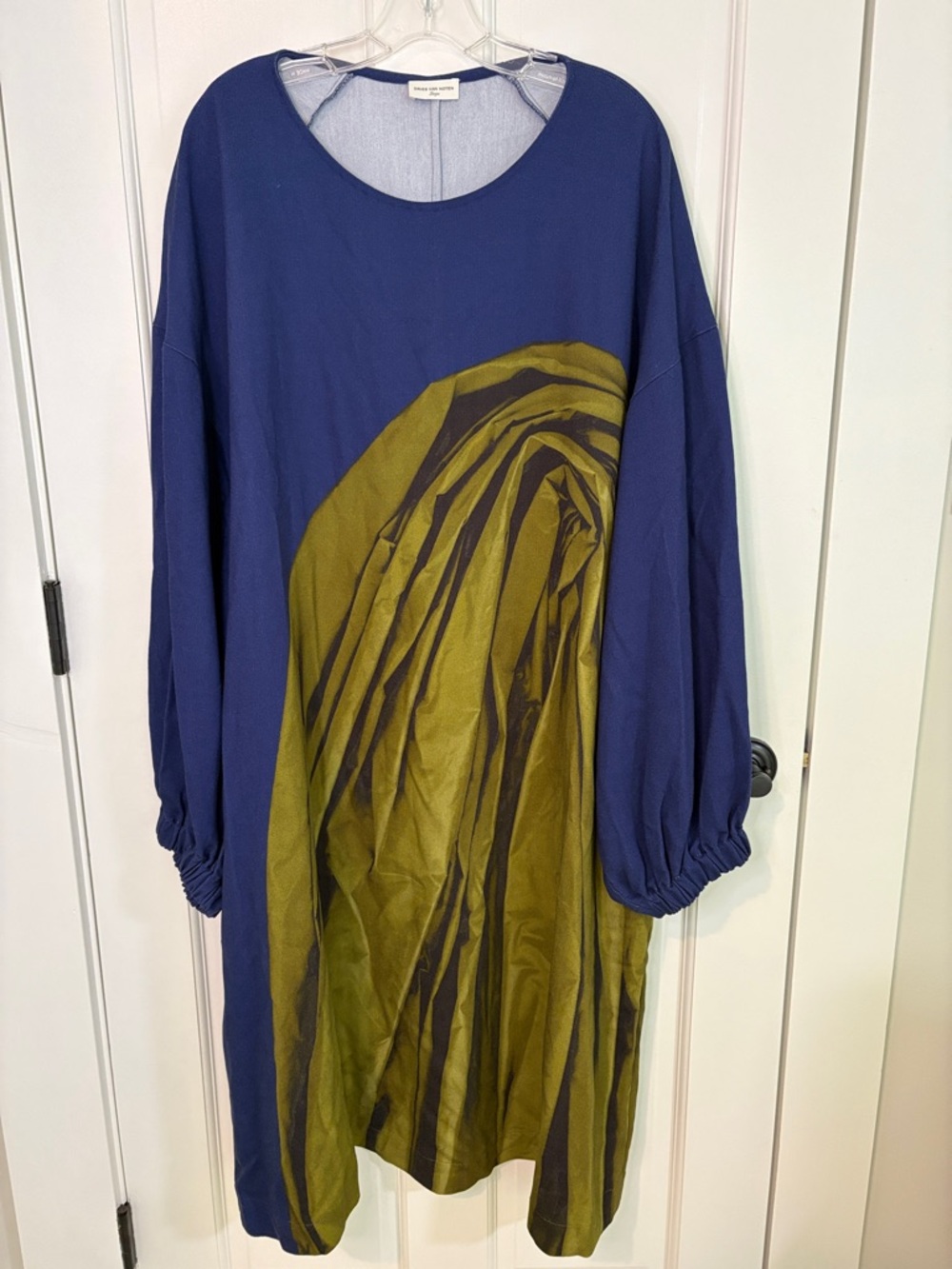 Dries Van Noten Navy Dress with Olive Artistic Print